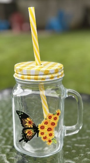 Yellow Gingham Butterfly Sunflowers Mason Jar Mug