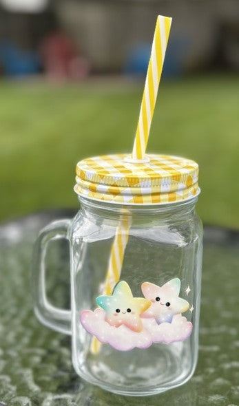 Yellow Gingham Double Stars Mason Jar Mug
